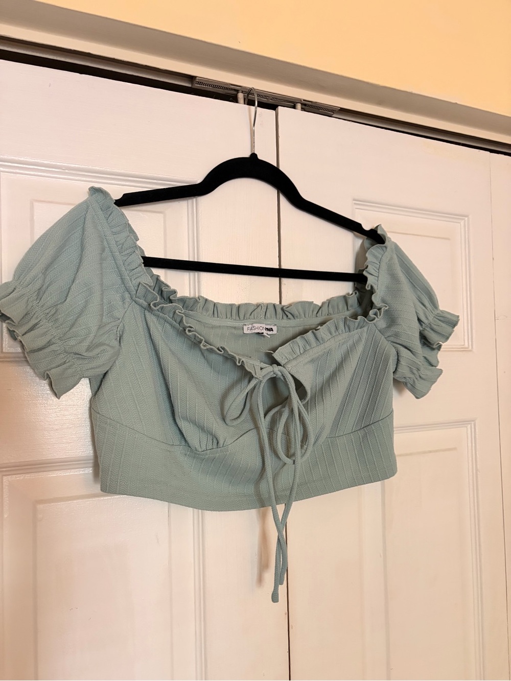 Fashion Nova Sage Green Ribbed Ruffle Tie-Front Crop Top